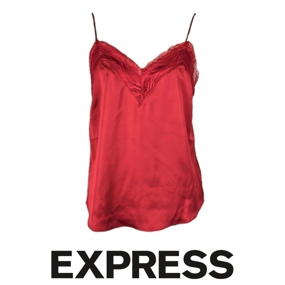 Y2K Express Red Satin Cami Lace Trim Camisole Top in Rich Red Satin, Women's S